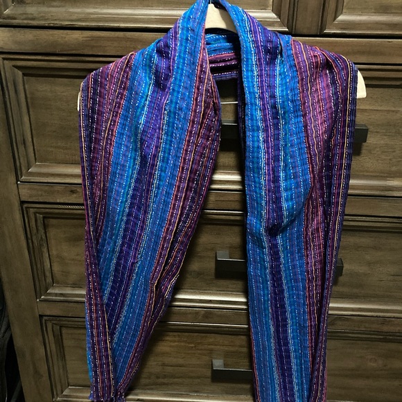 Blue and purple cotton scarf with tassels, artisan, boutique, light-weight, boho - Picture 2 of 6